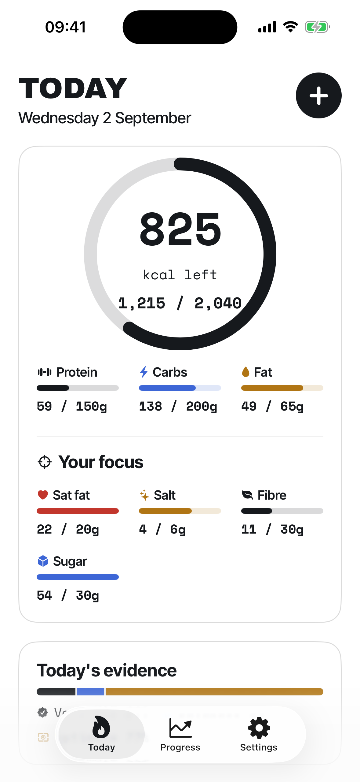 The Clearo Today screen: calorie ring, macro bars and focus budgets
